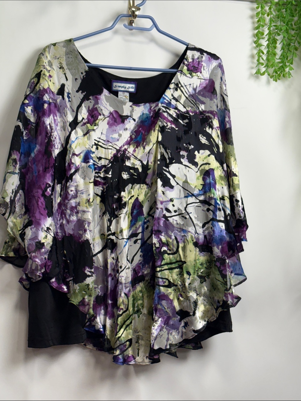 Simply Silk  Chic Purple Abstract Watercolor Flutter Tunic